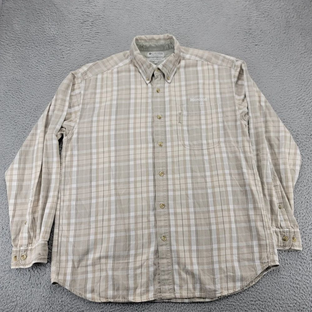 Columbia Shirt Mens XL‎ Tan Microsoft Embroidered Long Sleeve Button Down Camp